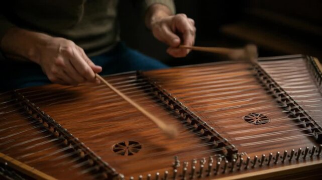 A close up shot captures hands playing a dulcimer as the wooden hammers strike the tensioned strings, providing a cinematic view of traditional musical craftsmanship and rhythmic performance.