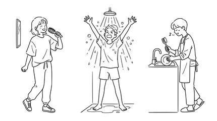 Obraz premium Three characters in a playful shower scene, showcasing daily joy.