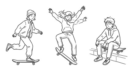 Obraz premium Skaters in Dynamic Poses Showcasing Fun and Adventure Outdoors