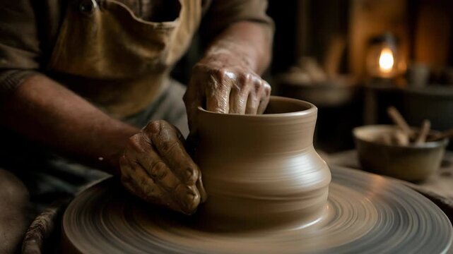 A potter s hands slick with clay gently shape a vessel on a spinning wheel, showcasing the raw beauty and tactile precision found within the timeless traditional craft of ceramic art creation.