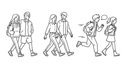Obraz premium Three characters walking together, showcasing friendship and fun.