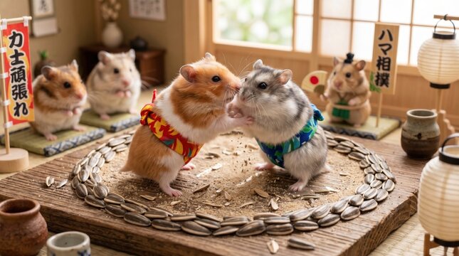 Two sumo wrestling hamsters in traditional mawashi facing off in a dirt ring with sunflower seeds, japanese cultural setting, playful animals