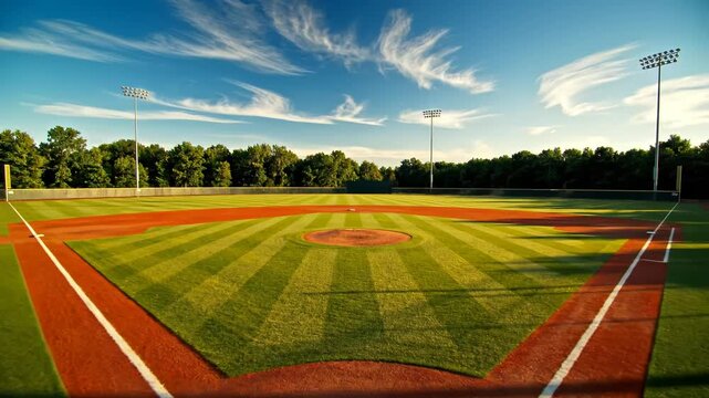Baseball field with home plate and sky ideal for lifestyle branding and social media storytelling
