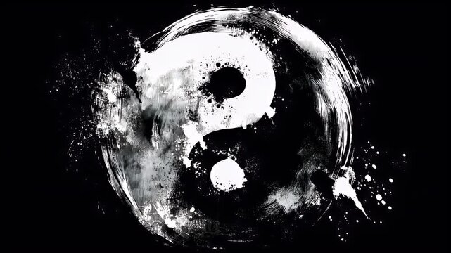 Yin Yang, Chinese philosophy, harmony, balance, Taoism. A black and white abstract representation of a yinyang symbol. The symbol is composed of swirling brushstrokes.