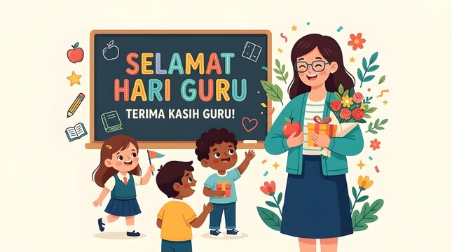 Ilustrasi Selamat Hari Guru dengan Karakter Guru Wanita dan Murid-Murid Membawa Hadiah di Depan Papan Tulis