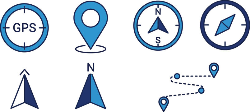 Navigation icons set gps compass map markers and directional arrows
