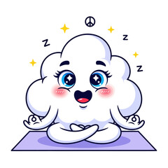 Fototapeta premium Cute cartoon cloud meditating on a yoga mat with peace symbol.