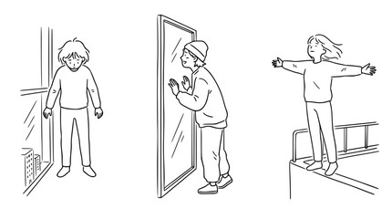 Obraz premium Three characters interacting by a window in a bold line art style.