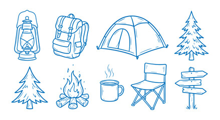 Camping icons set with tent backpack lantern tree campfire chair and signs on white background for outdoor adventure and travel © Meizan 