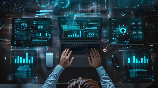 Top View Business Data Analytics Workspace with AI Dashboard and Real Time Financial Monitoring on Laptop