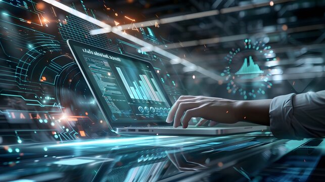 Futuristic Data Analysis on Laptop with AI Powered Dashboard and Real Time Business Intelligence Visualization