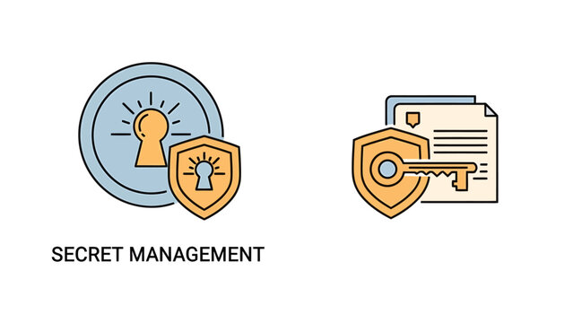 Icons representing secret management with a shield key documents data protection access control information security personal data confidential document secret file data privacy policy