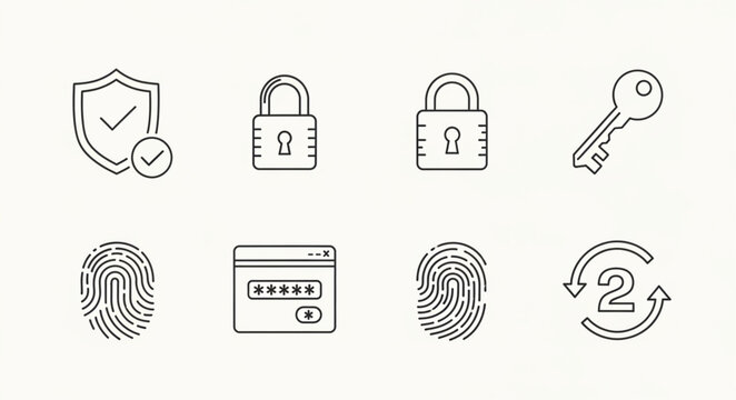 Security Icons Collection Featuring Lock Shield Key Fingerprint and Password.