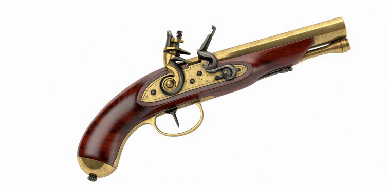 Detailed view of an antique flintlock pistol with polished wood and brass components isolated