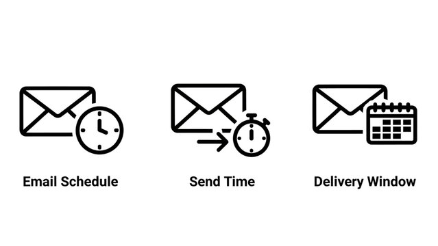 Icons for email schedule send time delivery window with envelopes and clocks schedule delivery envelope calendar illustration communication correspondence appointment planning shipping