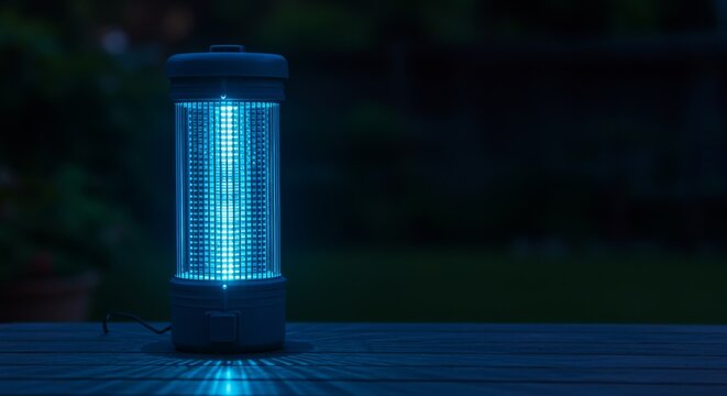 Bug zapper glowing at dusk in dark yard with blue light and quiet lawn