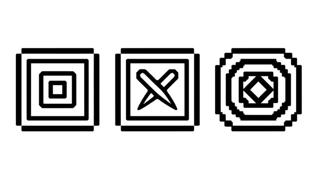 Set of three icons for data processing and status with user interface processing geometric pixelated abstract resource illustration template information technology computer programming