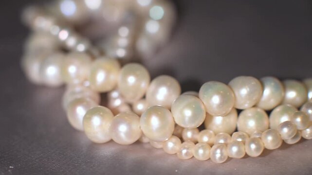 Pearl necklace strands on soft gray background, bridal elegance concept. Delicate pearl strands arranged in soft composition on a neutral gray background. 