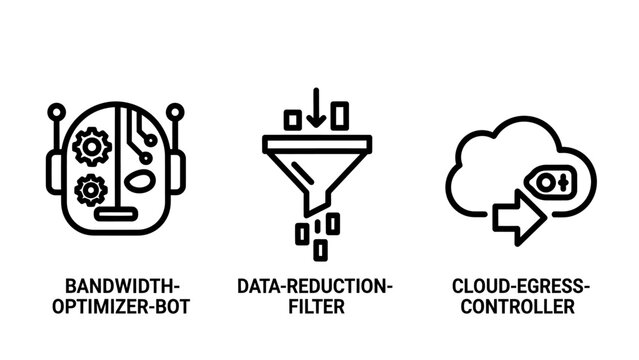 Set of technical icons illustrating cloud network management including bandwidth optimizer bot data reduction filter cloud egress controller for data flow efficiency bandwidth optimizer