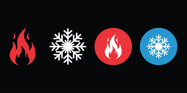 Elemental icons fire and ice in contrasting designs on black background