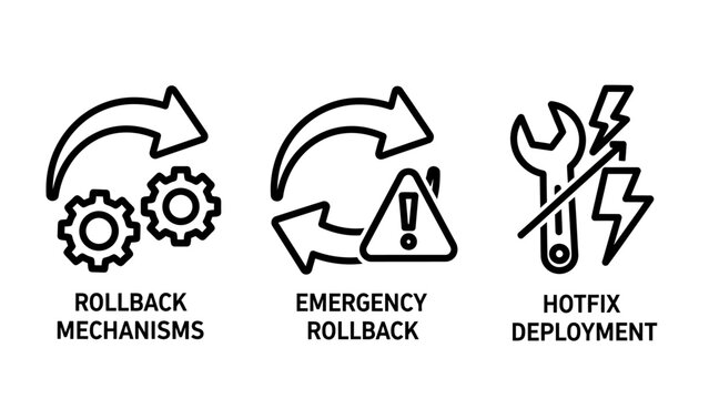 Software development and dev ops operation icons representing system rollback mechanisms emergency version recovery and hotfix deployment processes for technical maintenance with software, development