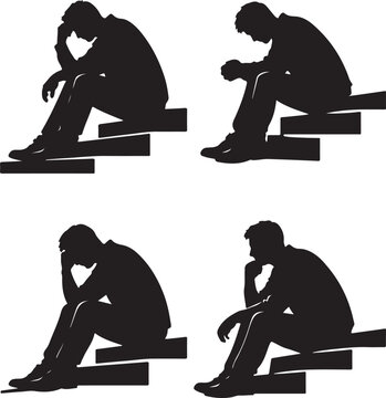  A man sits on steps reflecting a pensive mood silhouette vector