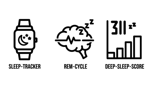 Sleep tracking technology icons illustrating sleep tracker smartwatch rem cycle brain activity and deep sleep score graph with tracking smartwatch wellness technology wearable analysis circadian