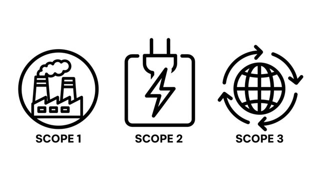 Greenhouse gas emission reporting icons for scope 1 direct emissions scope 2 energy indirect and scope 3 value chain sustainability with emissions environment footprint sustainability greenhouse
