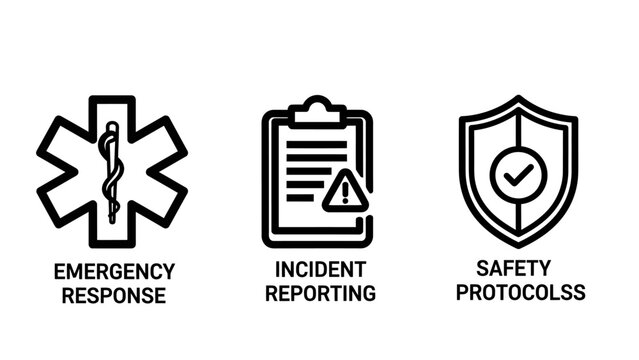 Medical and safety icons for emergency response incident reporting safety protocols implementation emergency response incident reporting protocols asclepius clipboard document attention