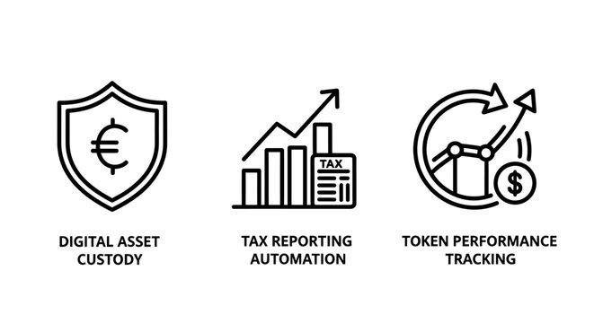 Fintech line icons representing digital asset custody tax reporting automation token performance tracking reporting automation performance tracking technology cryptocurrency currency