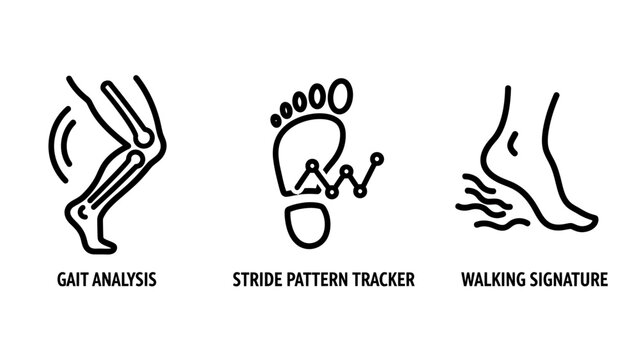 Collection of medical line icons for human gait analysis including skeletal movement stride pattern tracking footprint with data graph walking signature impact waves analysis signature