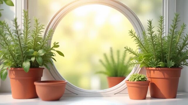 Potted herbs on sunny windowsill, fresh green rosemary basil and grass plants in terracotta pots with blurred bright outdoor view, natural indoor garden