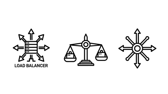 Network computing load balancer icons representing server traffic distribution data balance scales system equilibrium routing symbols balancer computing technology distribution infrastructu