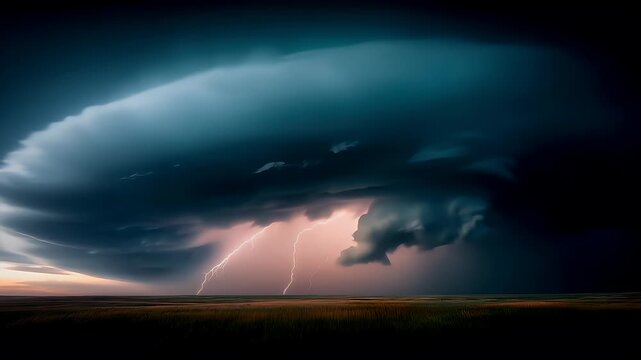 Tornado, twister, weather, natural disaster. A dramatic depiction of a stormy sky. A large, swirling cloud dominates the scene, with streaks of lightning striking through it.