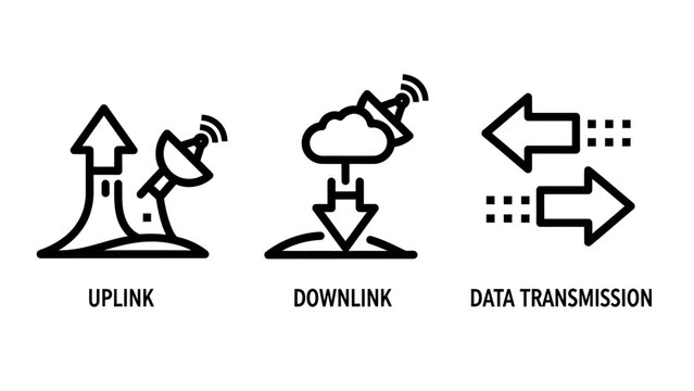 Set of communication and data transmission icons showing satellite uplink downlink exchange with downlink transmission satellite communication internet technology connection transfer wireless