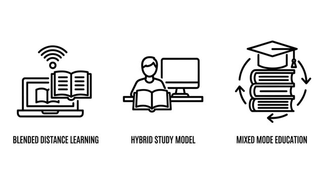 Set of education icons representing blended distance learning hybrid study model and mixed mode schooling with e learning education learning distance classroom training knowledge academic