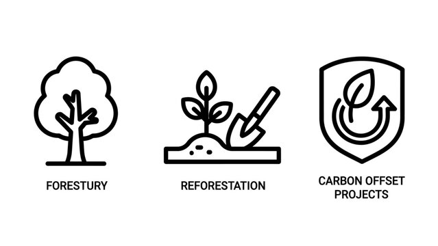 Sustainability and forestry icon set for environmental conservation and carbon offset projects with forestry reforestation environment conservation planting sustainable protection ecosystem