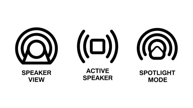 Conferencing view modes outline icon set with conference spotlight interface communication software presentation connection settings broadcast experience illustration minimalist monochrome