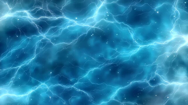 Fantasy wallpaper. A vivid and dynamic depiction of a turbulent scene of lightning. The main subject is a mesmerizing display of bright blue lightning bolts striking against a deep blue background.