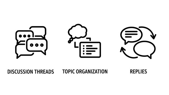Online discussion and topic organization communication icons set with discussion organization communication interaction feedback community conversation dialogue networking platform exchange