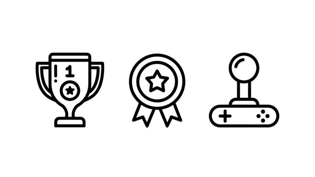 Set of reward and gaming icon outlines including winner trophy success badge joystick game controller joystick achievement competition controller electronics entertainment champion