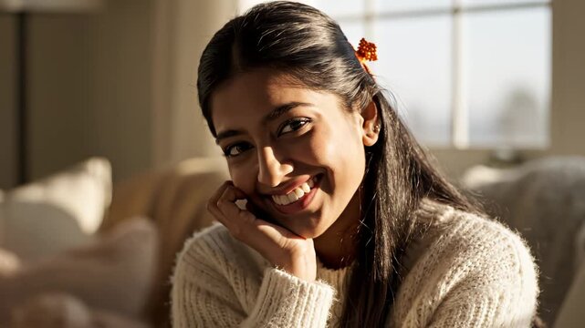 Smiling woman with hair accessory in cozy setting symbolizing conceptual art and dynamic energy