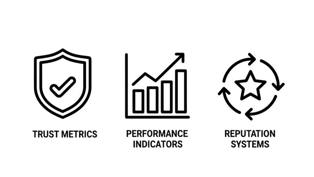 Business analytics icons for trust metrics performance indicators and reputation systems with performance indicators reputation business analysis feedback statistics evaluation security