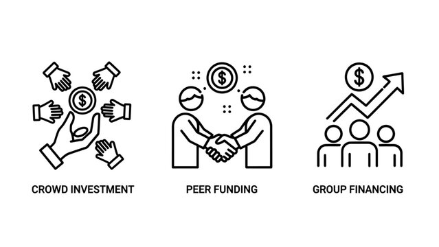 Crowd investment peer funding and group financing business icons with investment business financial cooperation corporate collaboration management strategy partnership commerce agreement