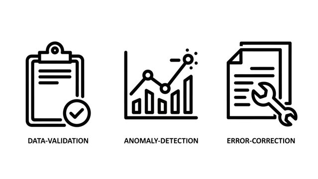 Data validation anomaly detection and error correction system icons with validation detection correction checking analysis assurance maintenance document statistics monitoring software