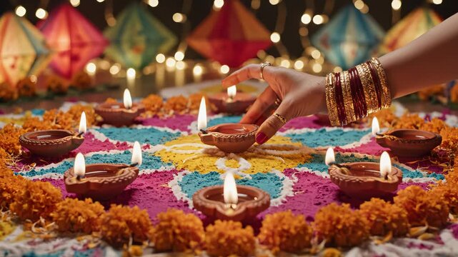 Colorful floral rangoli with lit oil lamps highlighting geometric patterns and contemporary art