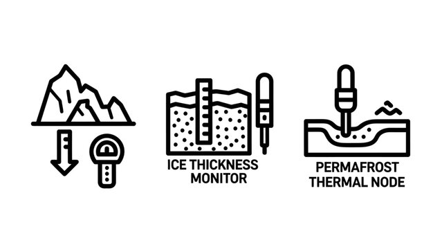 Environmental monitoring icons for permafrost and ice thickness with permafrost thickness measuring environment research measurement instrument analysis technology ecological landscape
