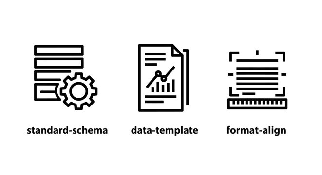 Technical document formatting icons including standard schema data template and text alignment tools with template alignment document technical business structure organization programming