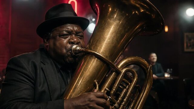 A soulful jazz musician wearing a fedora plays a brass tuba in a dimly lit club, his cheeks puffing with each note to create a vibrant and deeply melodic atmosphere of pure musical passion.