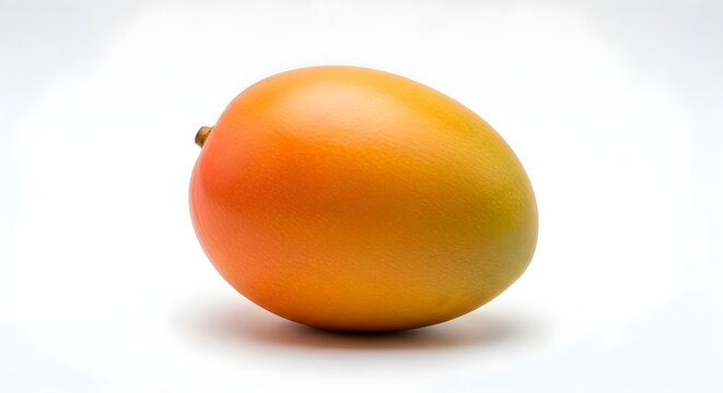 A vibrant ripe mango on a white surface showcasing its smooth texture